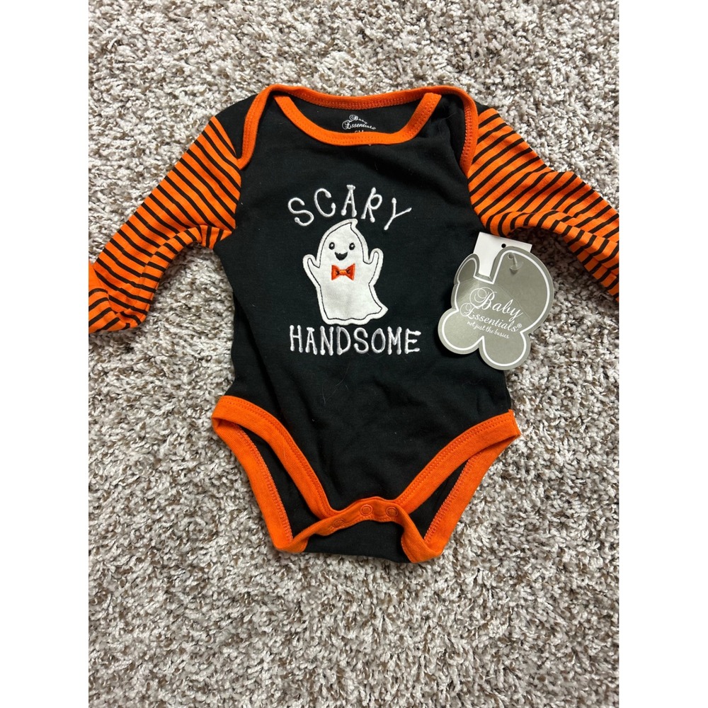 Baby Essentials Scary Handsome Ghost Halloween Bodysuit Black Orange 6M NWT
